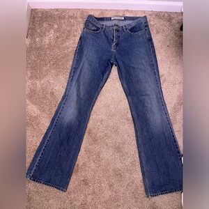 Express low rise flare legged denim jeans.